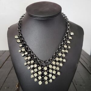 Banana Republic Statement Necklace Hematite Chain Rhinestone Chunky Bib